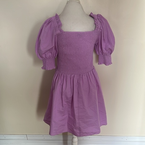 1.State Adorable Cotton Lilac Puff Sleeve Mini Dress with Smocked Bodice Size L - Picture 8 of 10
